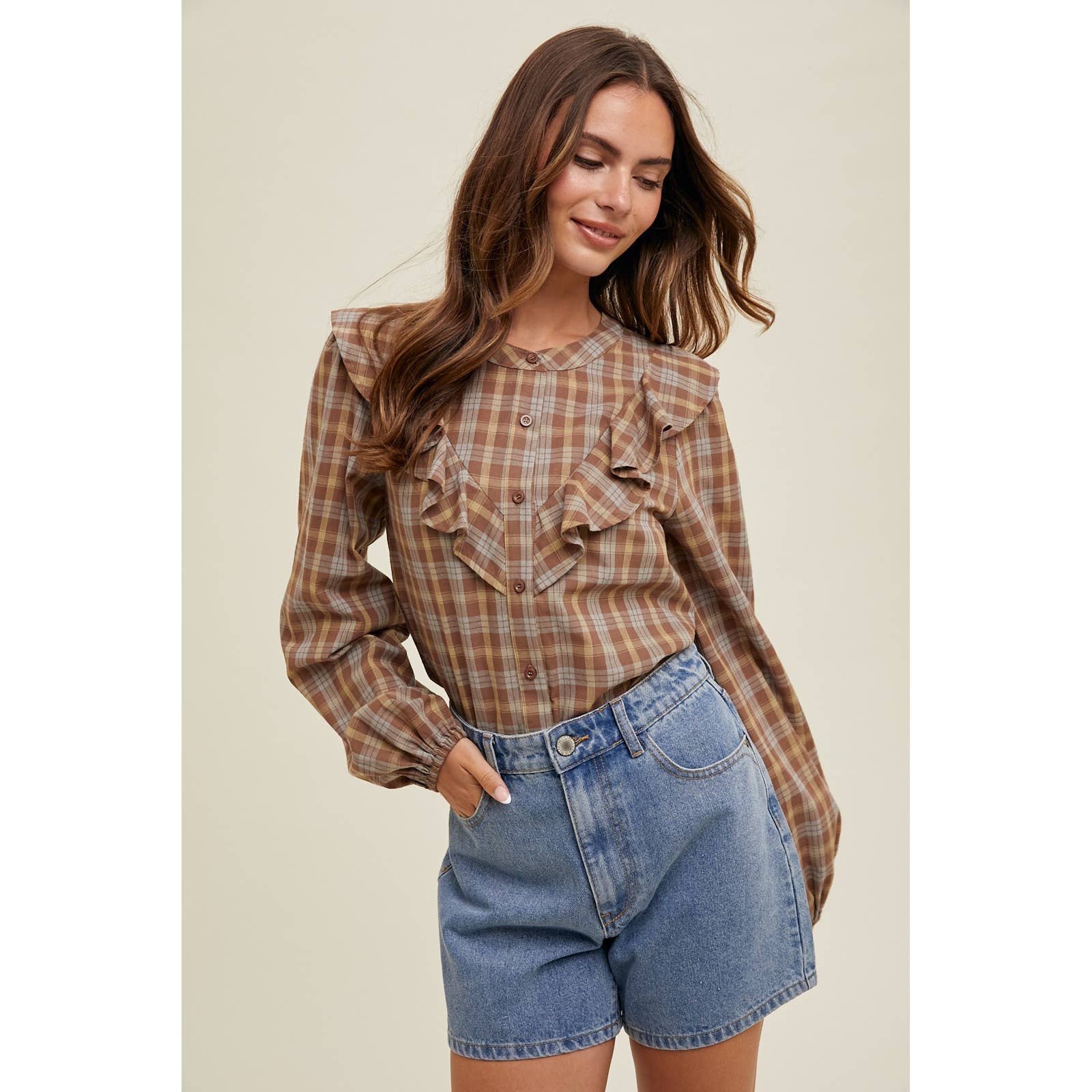 RUFFLED PLAID BUTTON-UP SHIRT
