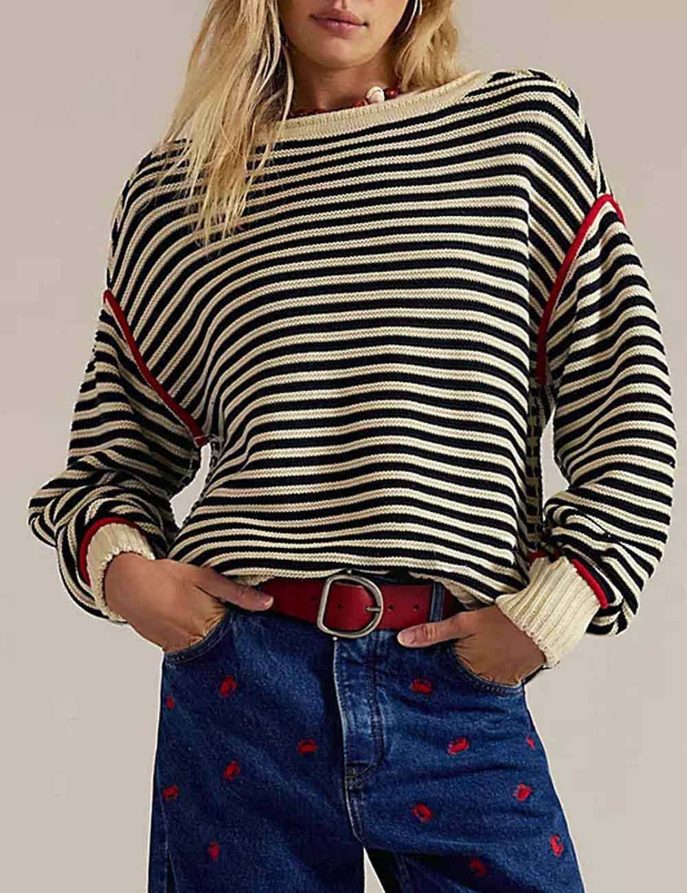 Casual Striped Crew Neck Long Sleeve Sweatshirt DP25E513