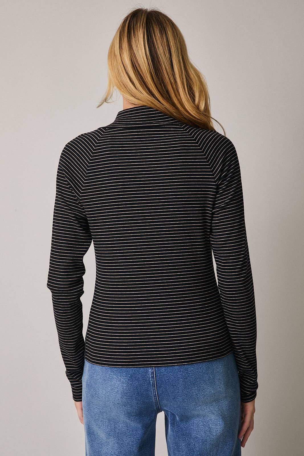 MOCK NECK RAGLAN LONG SLEEVE STRIPE KNIT TOP