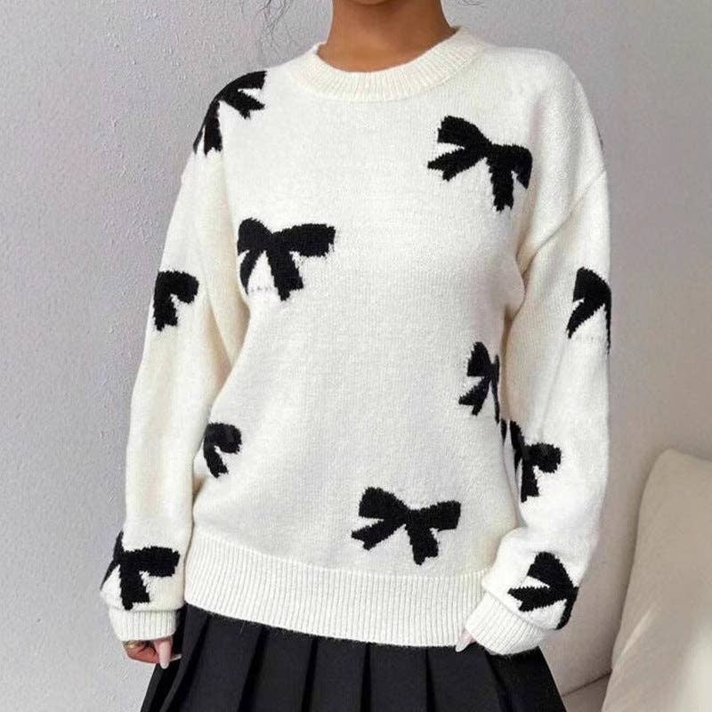Elegant Round Neck Bow Jacquard Knit Sweater DP25E528