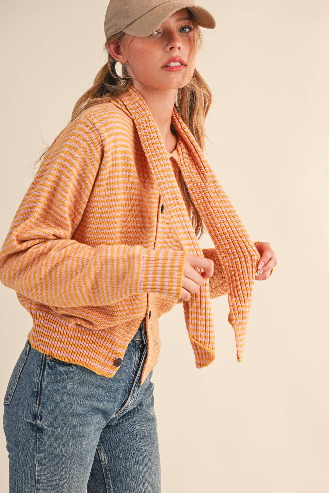 STRIPED TYING NECK SWEATER CARDIGAN MSW11125