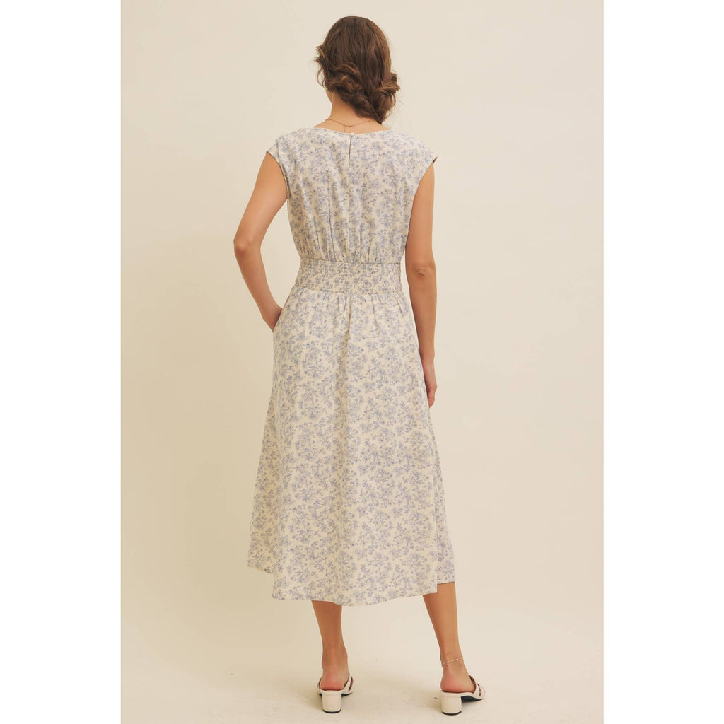 BOAT NECK PLEATED SLEEVELESS FLORAL MIDI DRESS