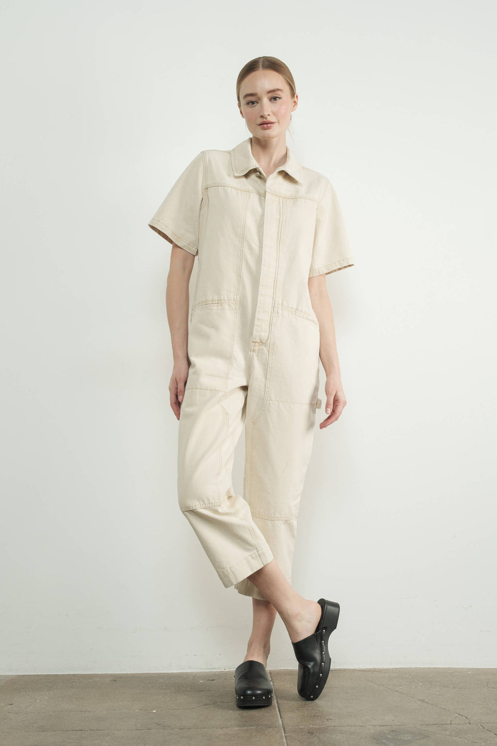 IVORY DENIM SHORT SLEEVES COLLARED JUMPSUIT