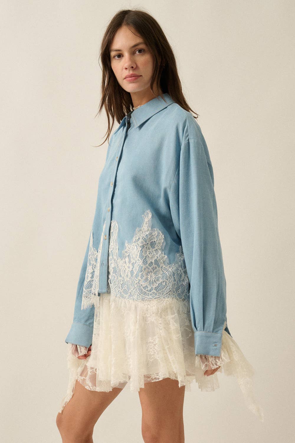 Tencel Lace Appliqué Loose-Fit Button-Up Shirt
