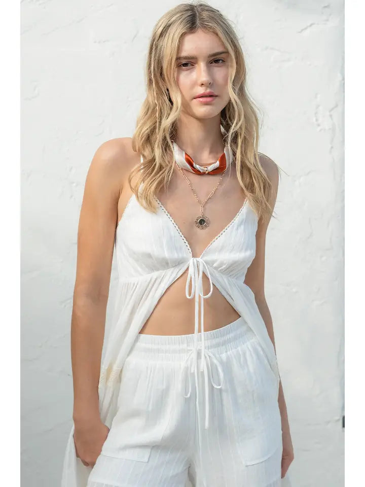 OFF WHITE TIE FRONT LACE TOP