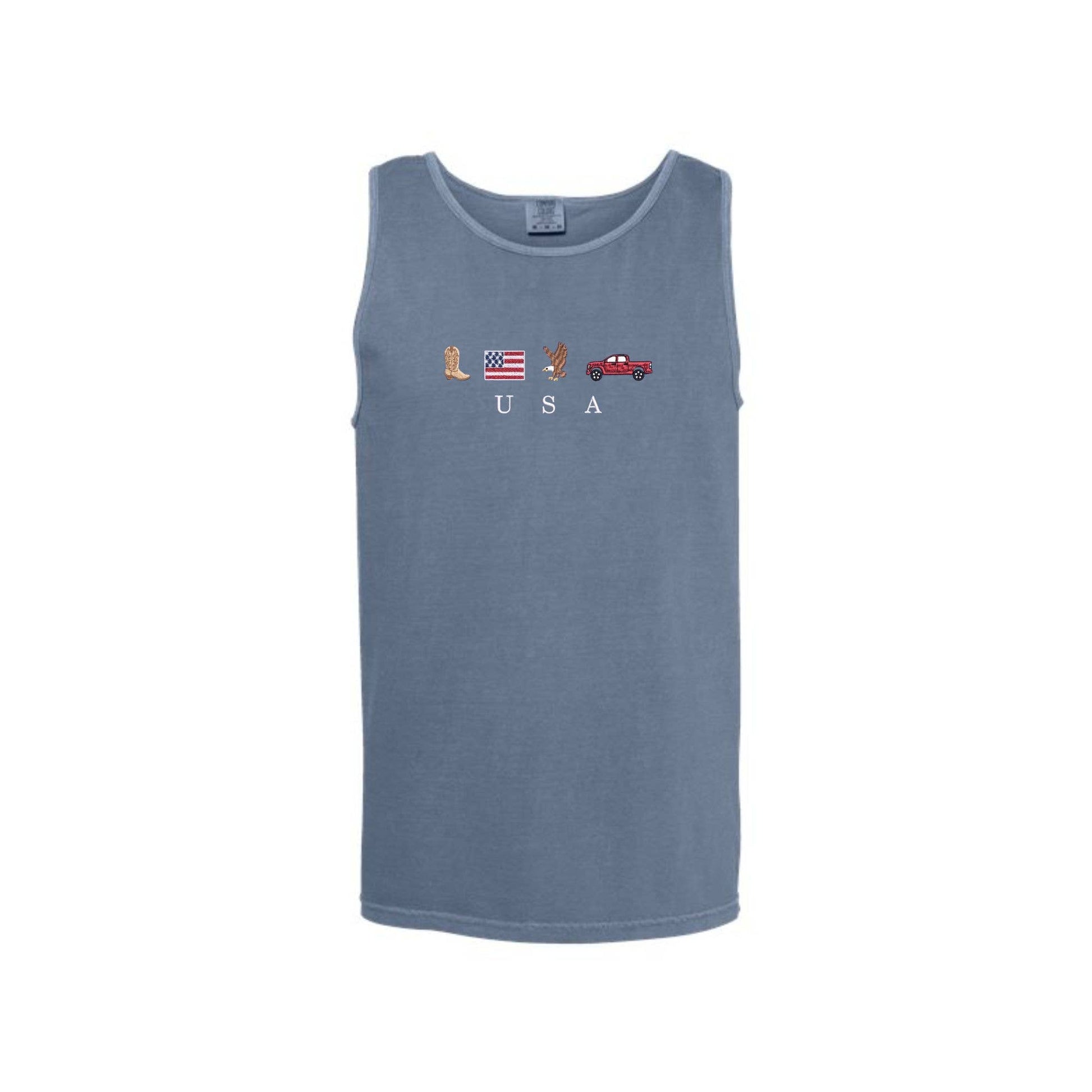 Embroidered USA Icons Comfort Colors Tank Top | 4th of July Americana