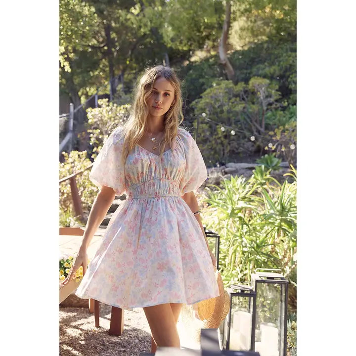 SPRING MOMENTS AIRY WATERCOLOR FIT AND FLARE MINI DRESS