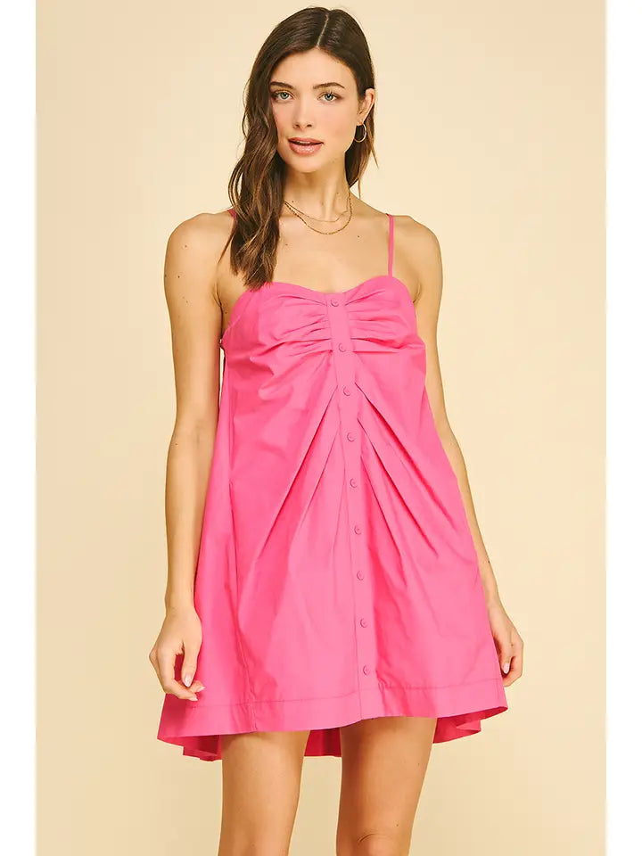 PINCH Ruched Button Down Mini Dress - Hot Pink Summer Skater Dress