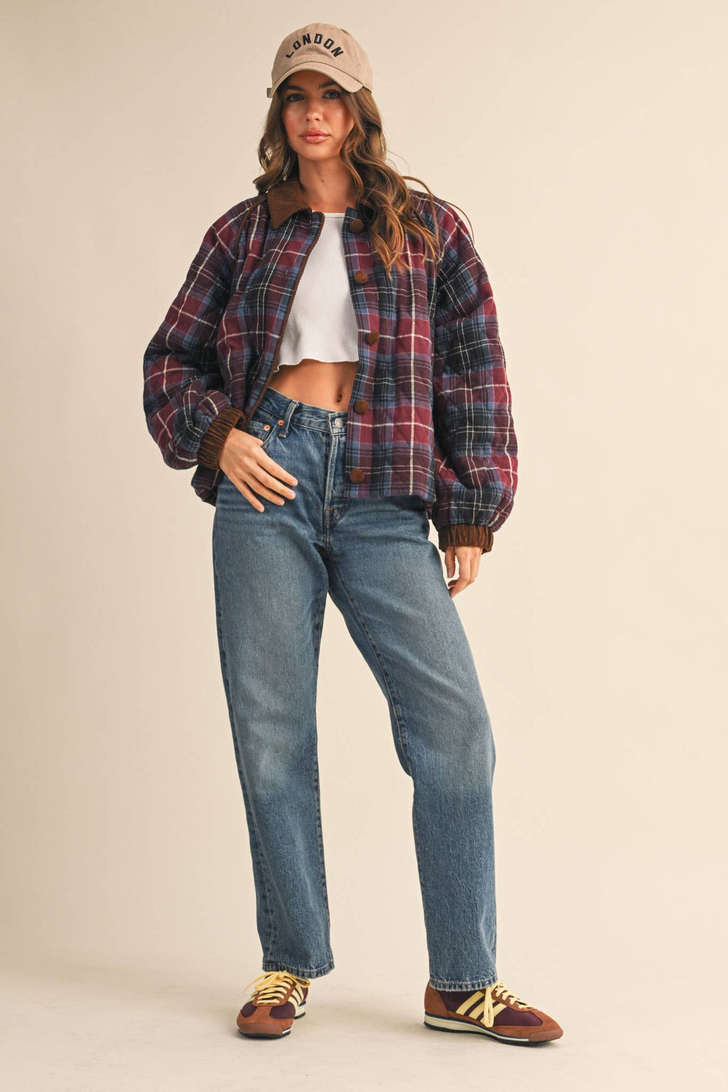 PLAID QUILTED JACKET WITH CONTRAST CORDUROY DETAIL MJK4115