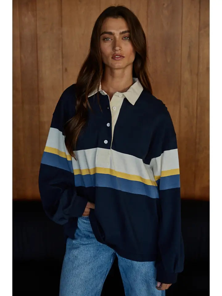 Knit Cotton Printed Striped Jersey Collar Pullover