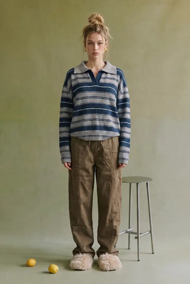 Horizontal Multi-stripe Collared Knit Sweater