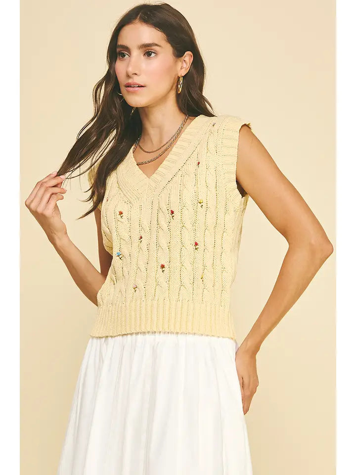 Floral Embroidered Cable Knit Sweater Vest