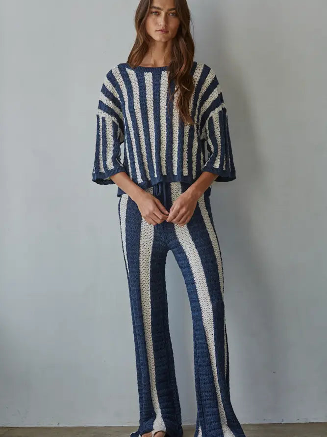 By Together Striped Sweater Pants - Denim Natural Straight Leg Knit Trousers