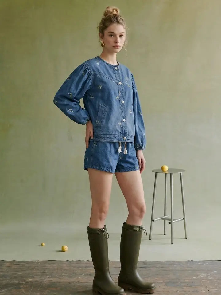 Washed Denim With Embroidered Puff Sleeve Round Neck