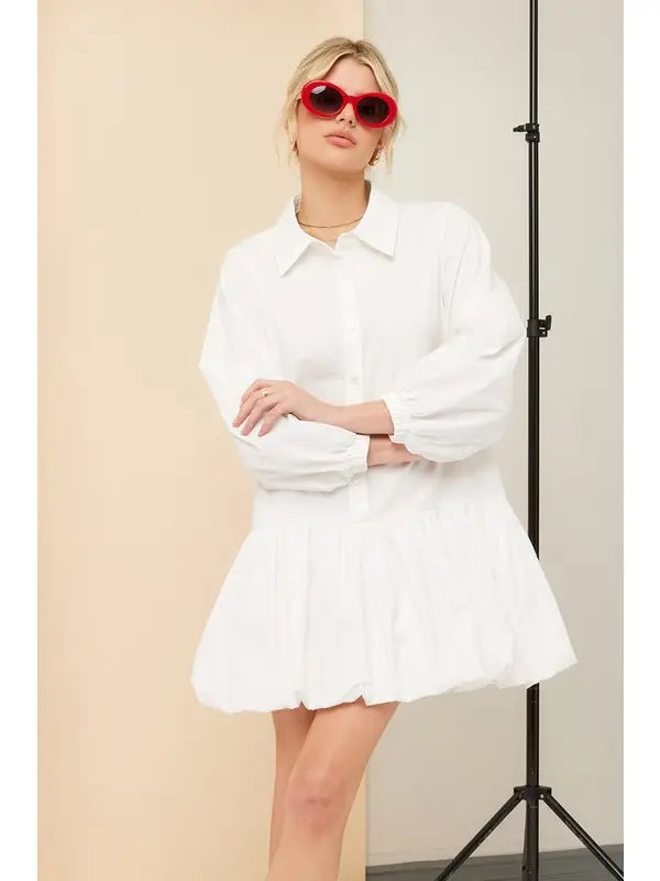 SHIRT BUBBLE HEM MINI DRESS- OFF WHITE