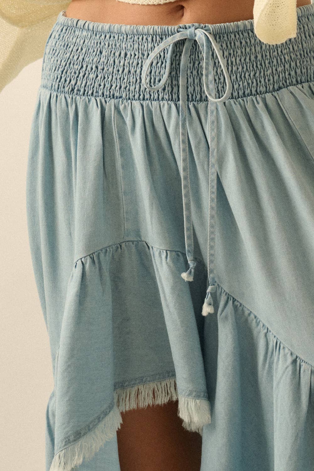Tencel Denim High-Low Tiered Ruffle Maxi Skirt