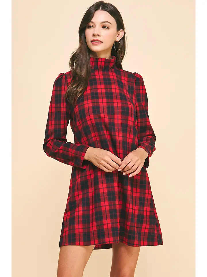 BACK NECK TIED PLAID MINI DRESS - RED