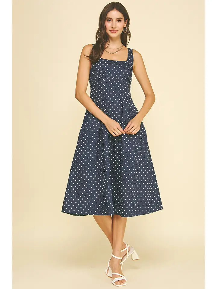 PINCH Polka Dot Flared Midi Dress - Navy & White A-Line Summer Gown