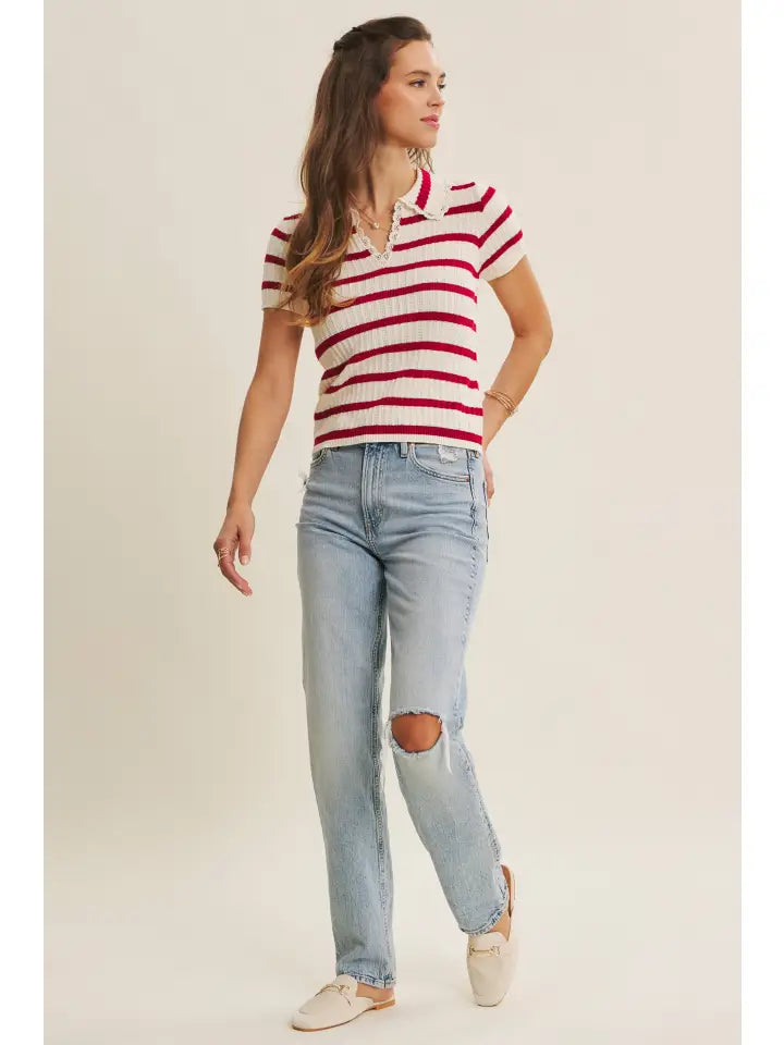 SWEET TIMELESS DELICATE CROCHET POINTELLE STRIPE SWEATER TOP