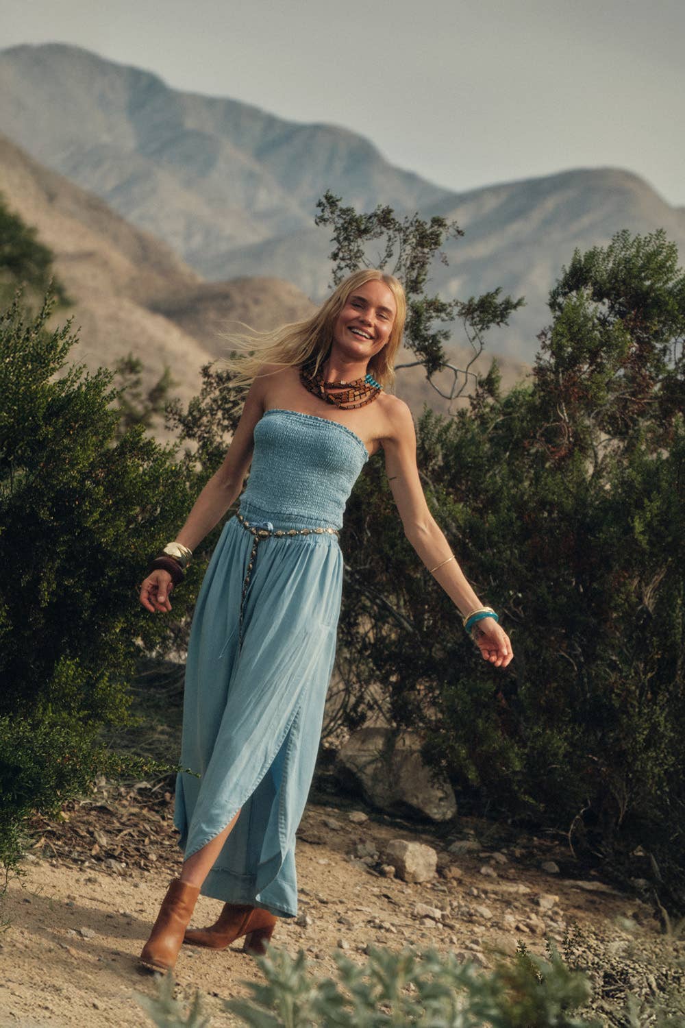 Tencel Denim Smocked Strapless Tulip-Leg Pocket Jumpsuit