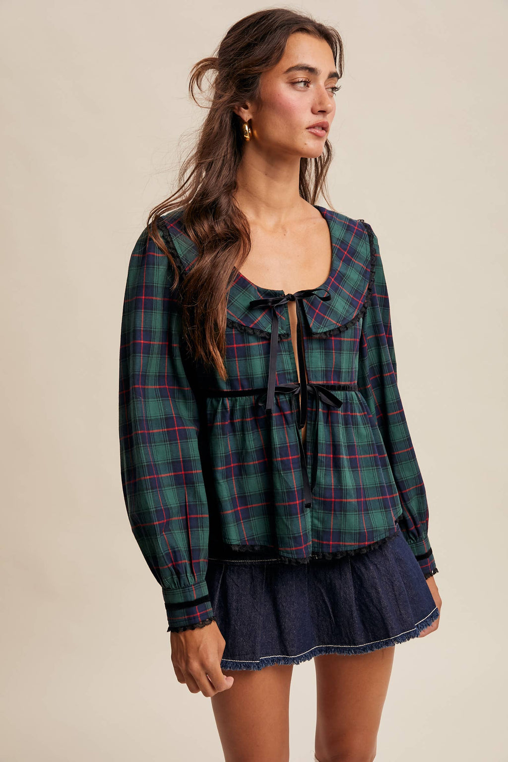 Plaid Velvet Trim Holiday Blouse LT1446