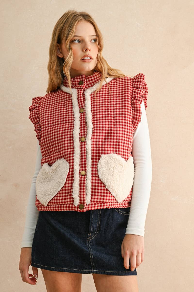GINGHAM PATTERN SHERPA POCKET VEST