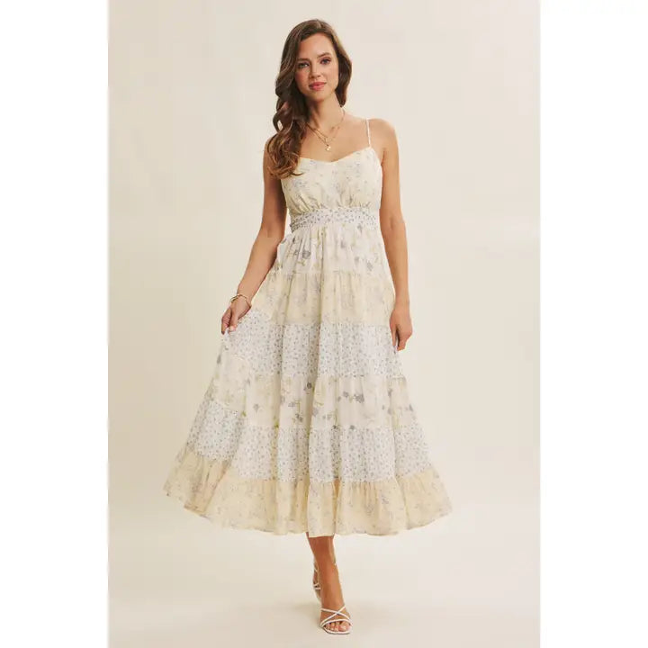 MEADOW INSPIRED MIXED FLORAL BOW BACK FLARE MIDI DRESS