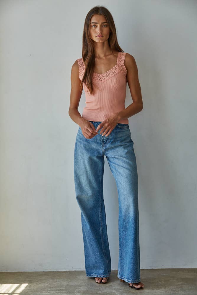 Knit Seamless Ribbed Tank Top with Lace Trim