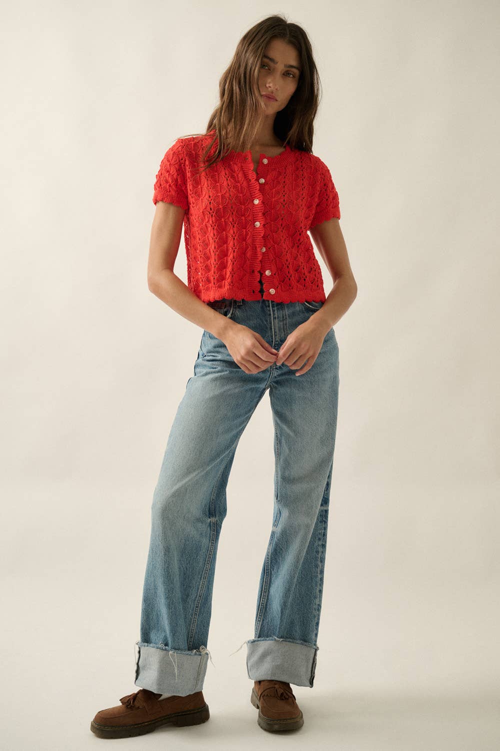 Pointelle Crochet-Knit Buttoned Short Sleeve Cardigan Top