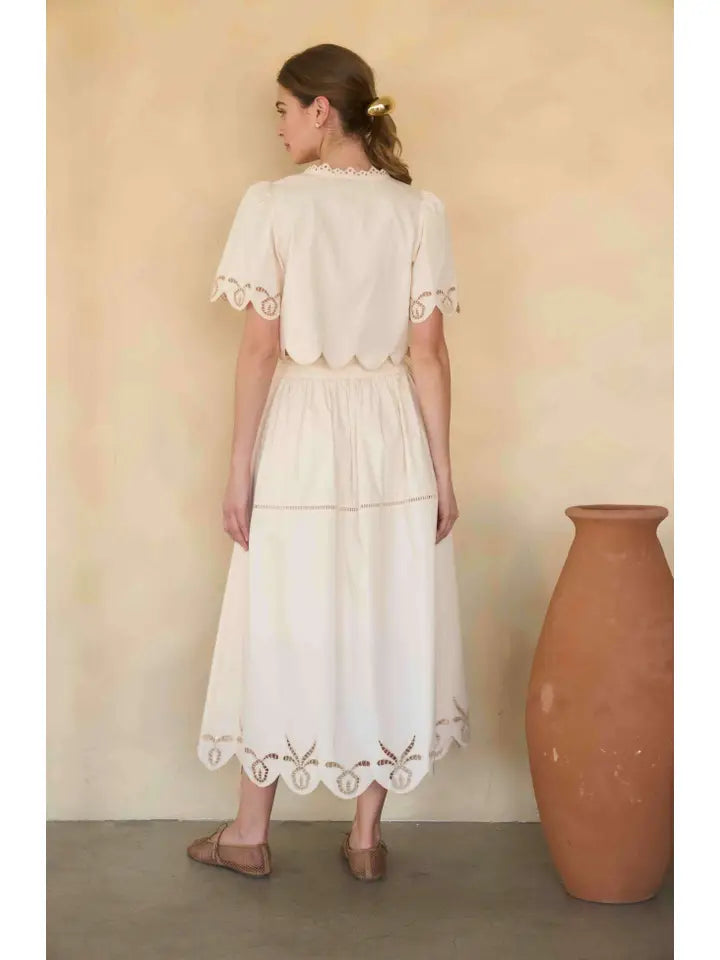 Short Sleeve Eyelet Detail Top W/ Front Tie