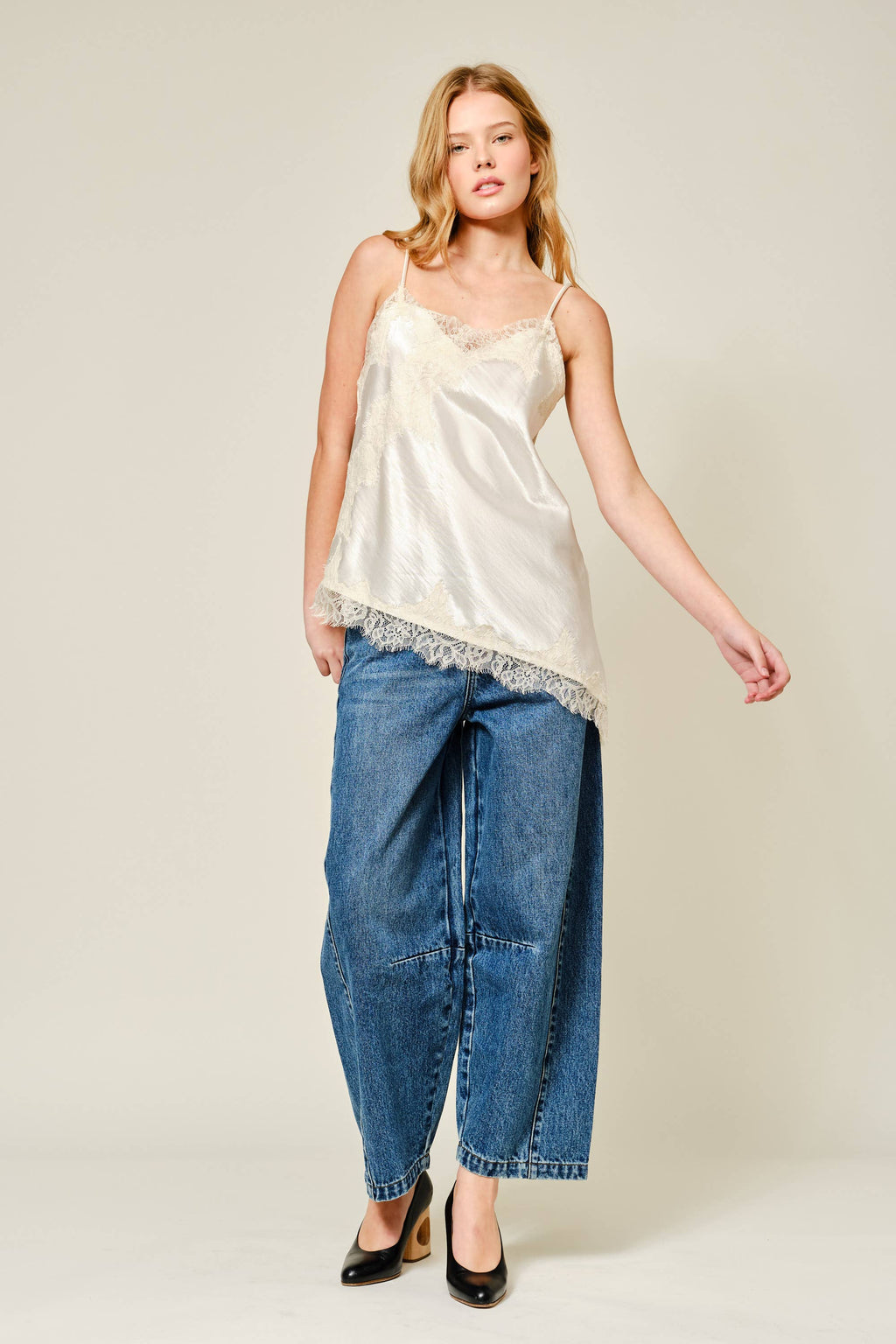 Aaron & Amber Champagne Satin Lace Top - Asymmetrical Cami