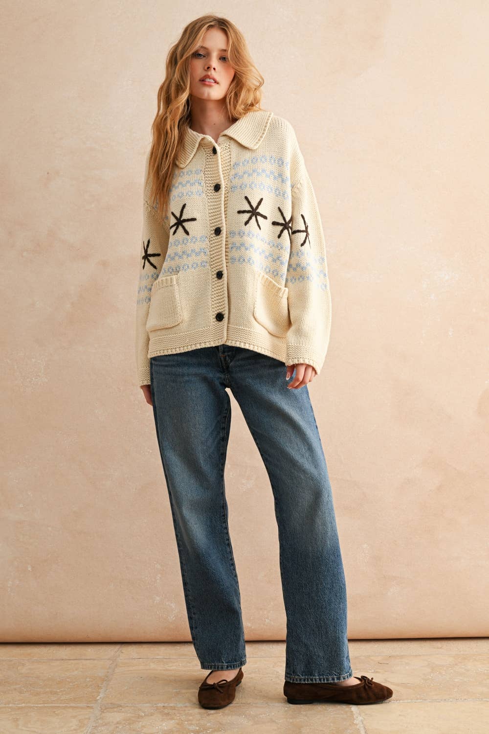 SNOW FLAKE PATTERN BUTTON FRONT SWEATER JACKET