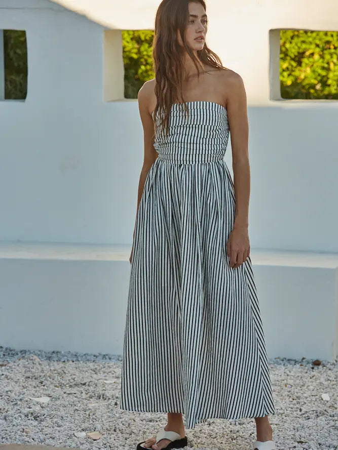 Striped Tube Neck Strapless Flare Maxi Dress