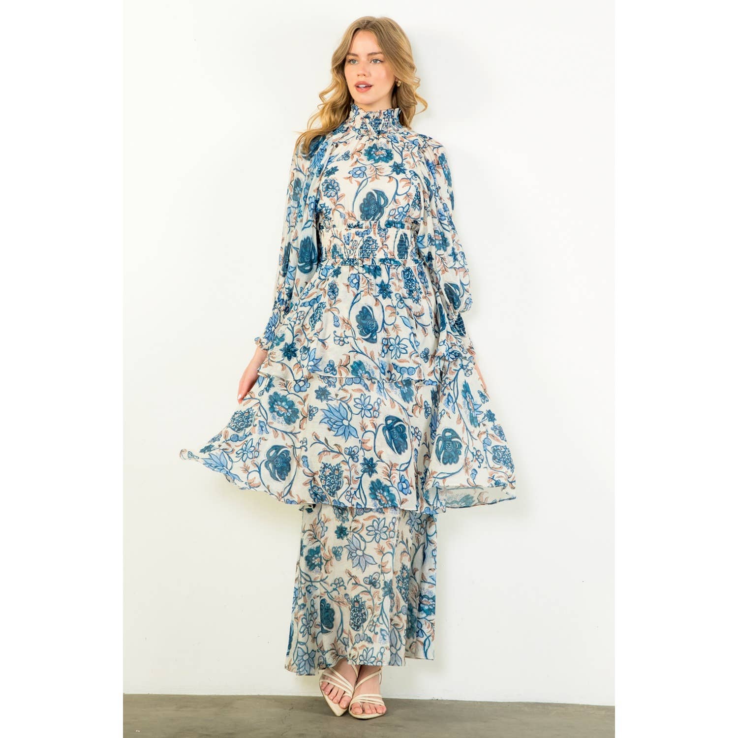 Smocked Waist Tiered Long Sleeve Dress