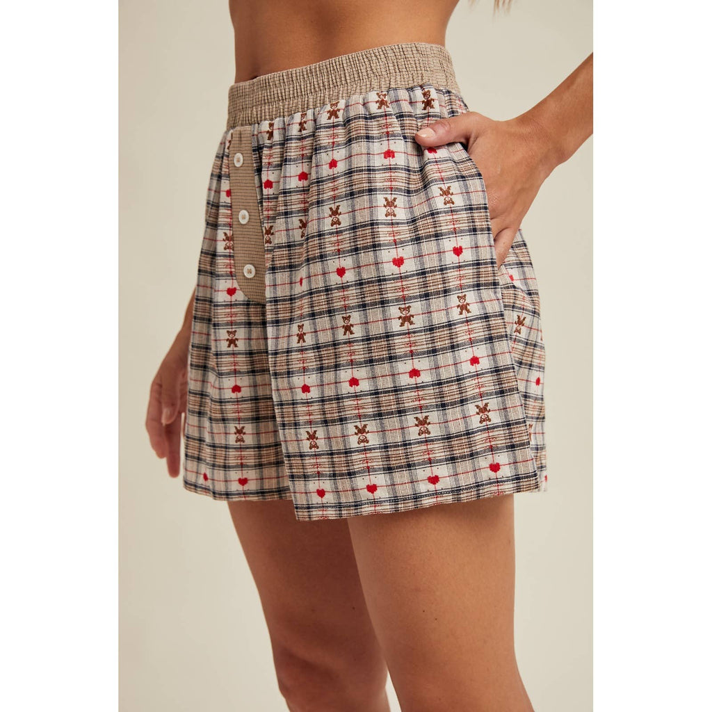 HEART TEDDY BEAR PLAID BOXER SHORTS / WL25-11087