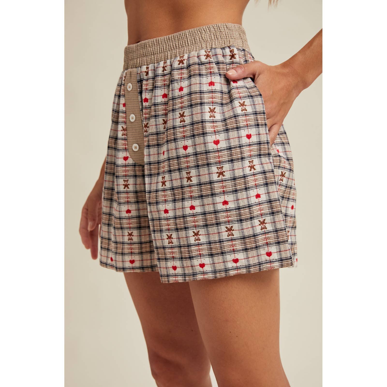 HEART TEDDY BEAR PLAID BOXER SHORTS / WL25-11087
