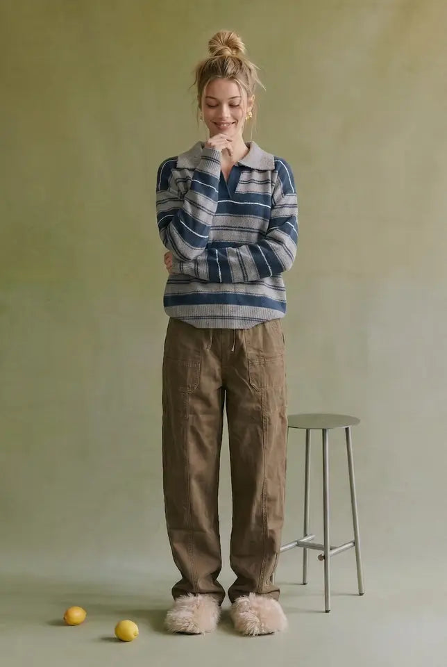 Horizontal Multi-stripe Collared Knit Sweater
