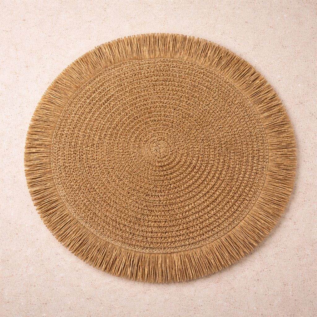 Santorini Straw Fringe Placemats - 15" | Handwoven Round Table Mats