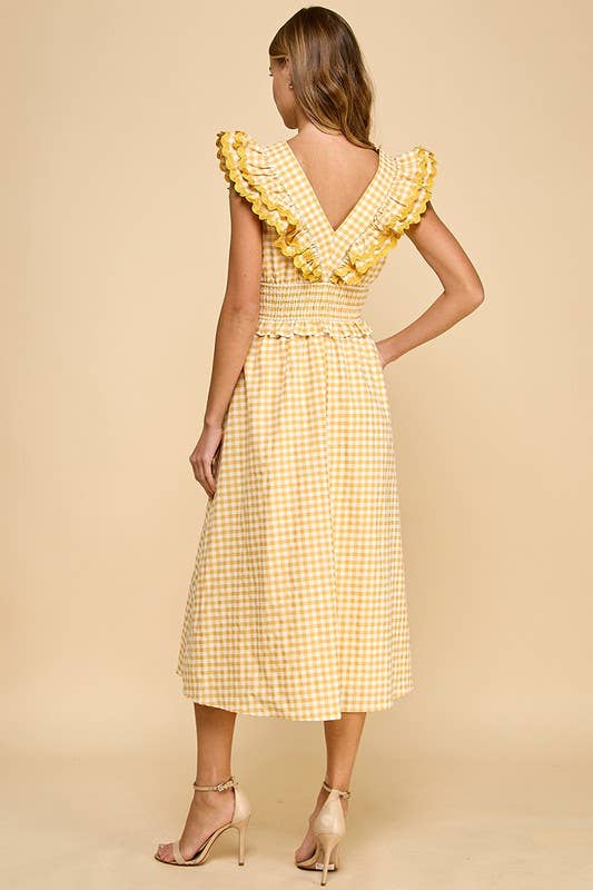 Gingham Ruffled V Neckline Midi Dress