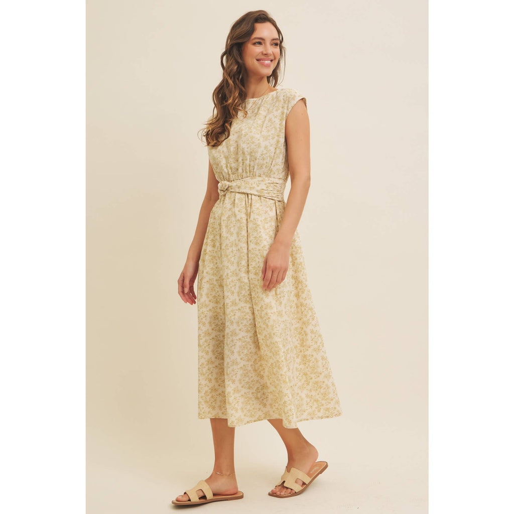 BOAT NECK PLEATED SLEEVELESS FLORAL MIDI DRESS