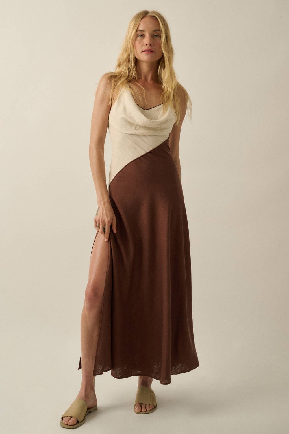 Colorblock Linen-Blend Asymmetrical Draped Maxi Dress