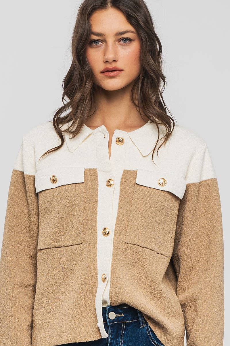 Colorblock Button-Up Cropped Coat