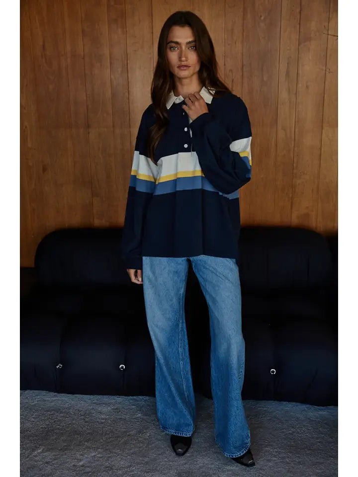 Knit Cotton Printed Striped Jersey Collar Pullover