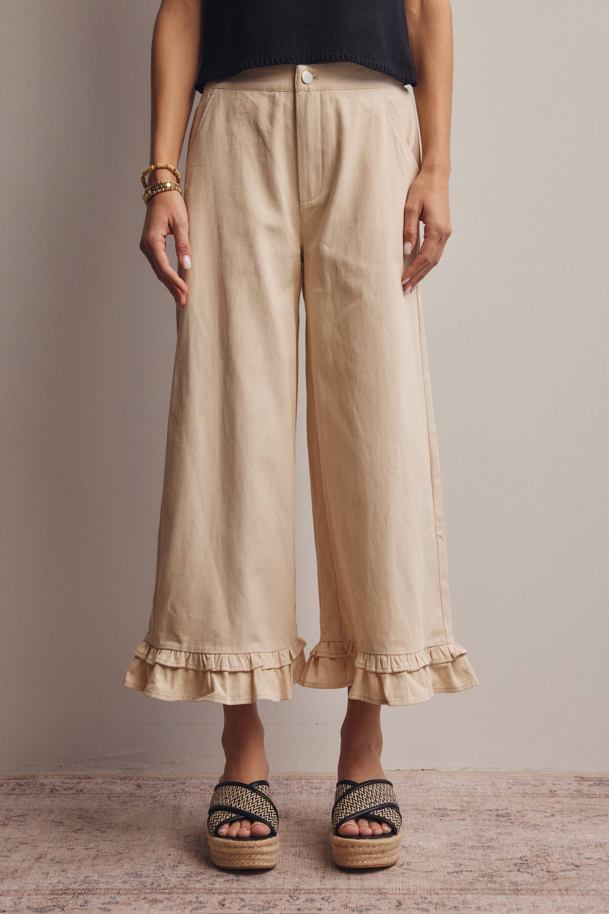 Ruffle Hem Wide-Leg Pants