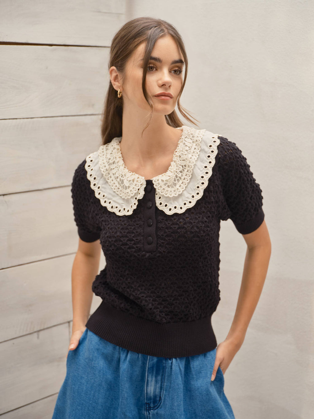 LACE COLLAR CROCHET SHORT SLEEVE SWEATER TOP