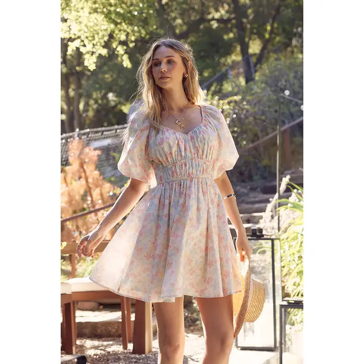 SPRING MOMENTS AIRY WATERCOLOR FIT AND FLARE MINI DRESS