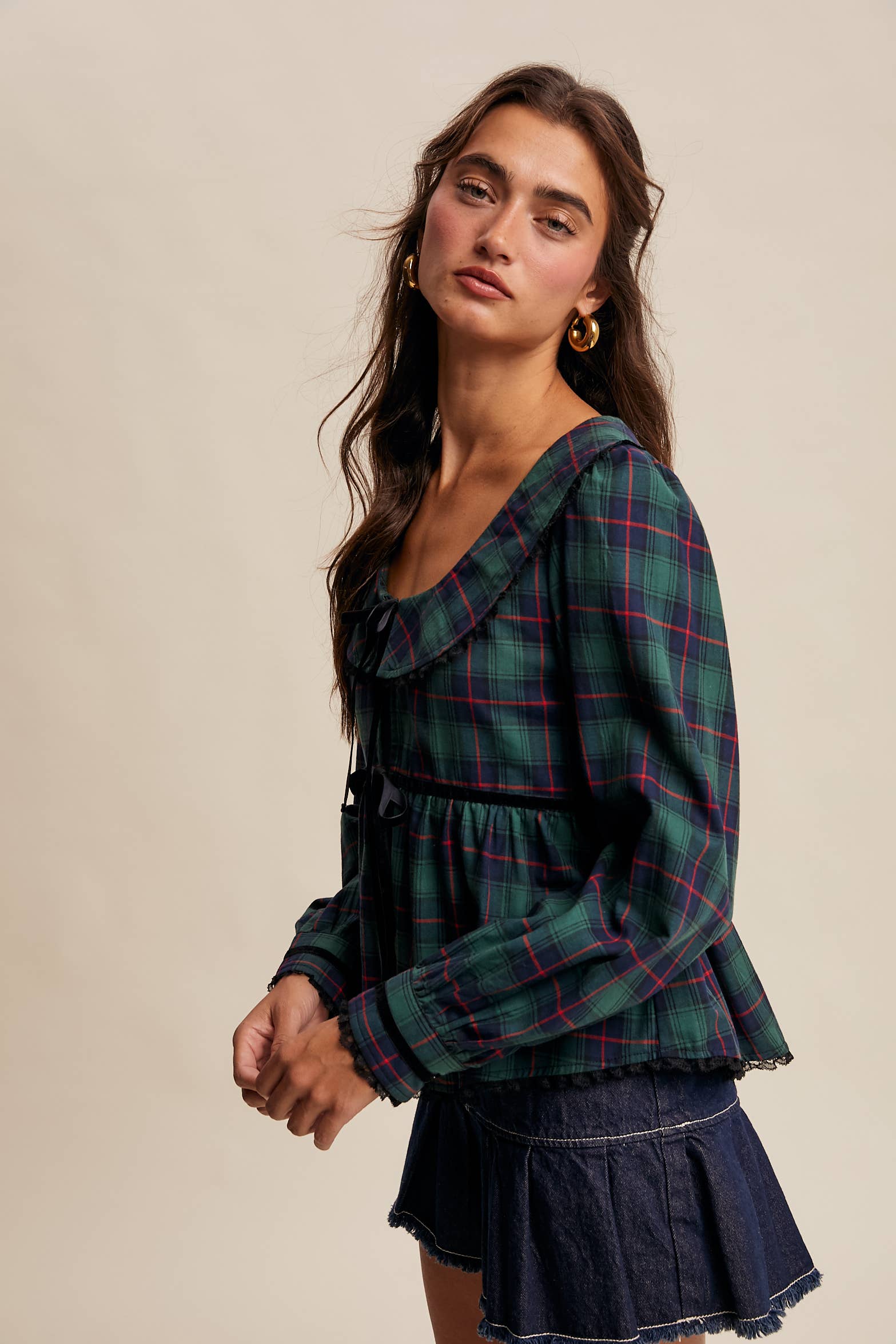 Plaid Velvet Trim Holiday Blouse LT1446