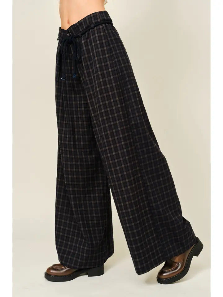 Plaid Wide Pants with Belt Detail