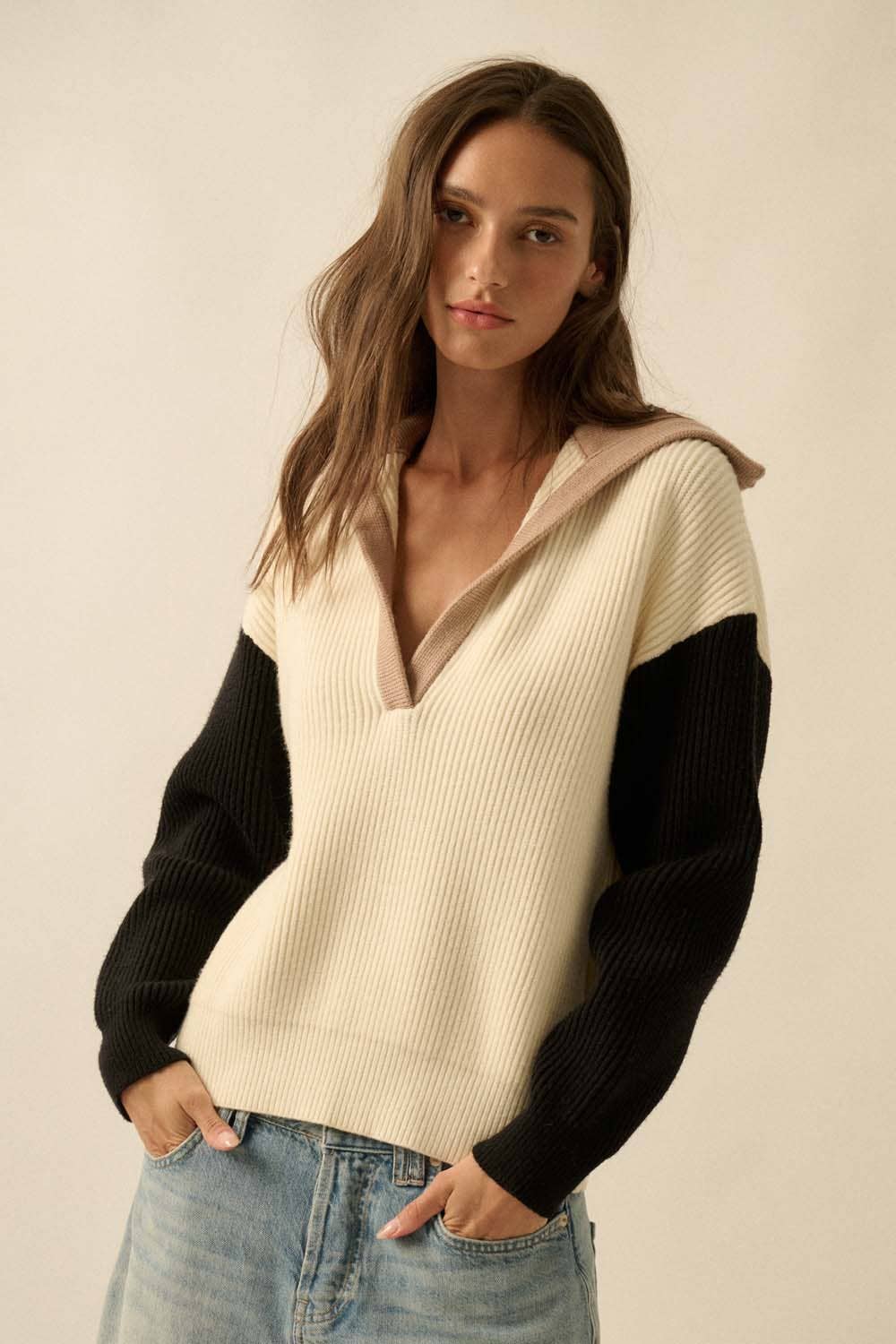 Colorblock Ribbed Knit Flap-Collar V-Neck Sweater