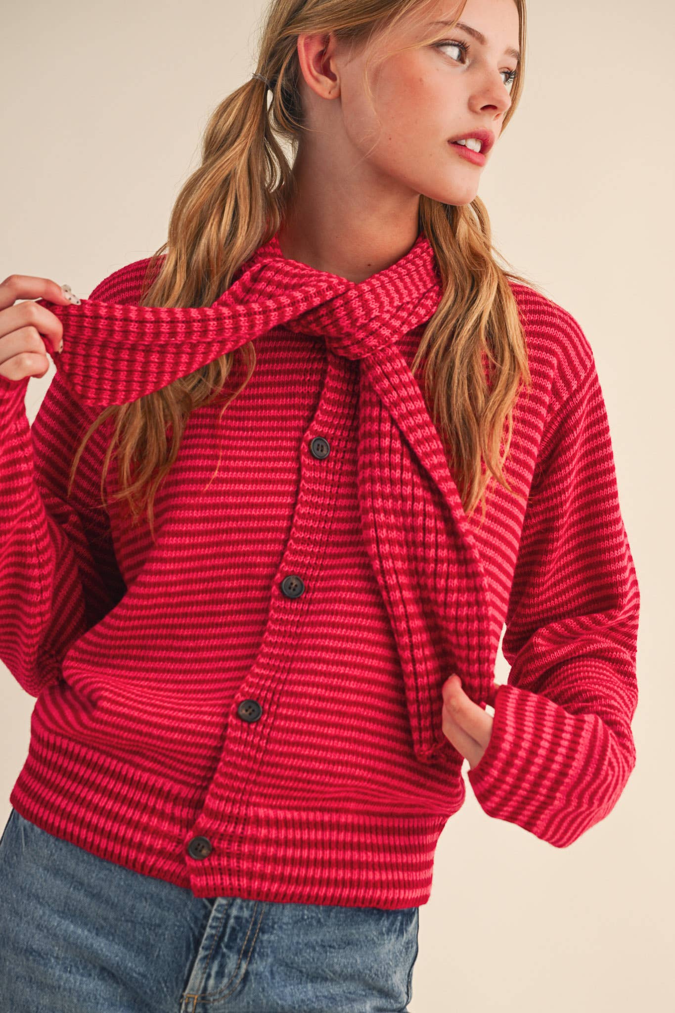STRIPED TYING NECK SWEATER CARDIGAN MSW11125